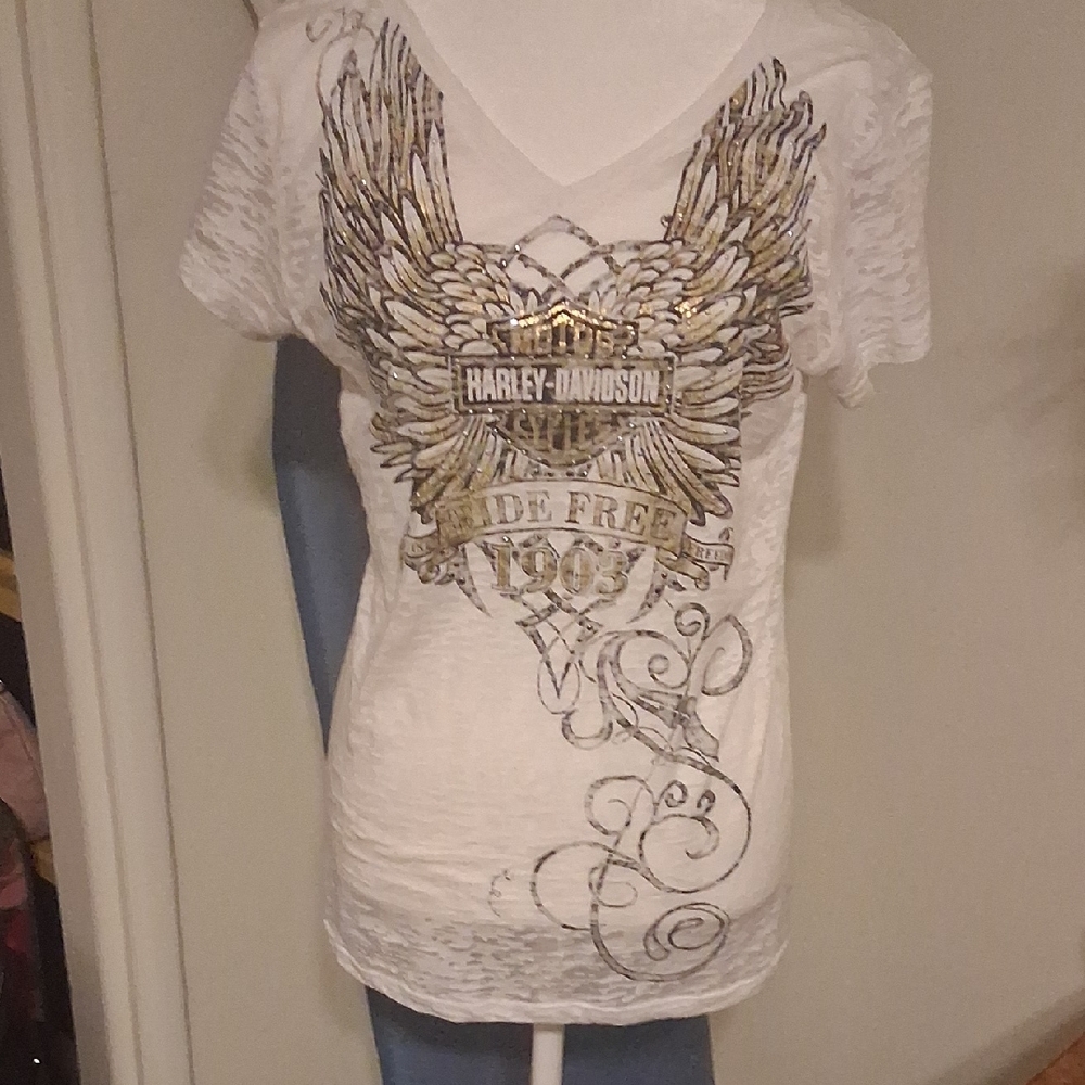 Harley-Davidson White V-Neck Tee with Gold Wing Graphic